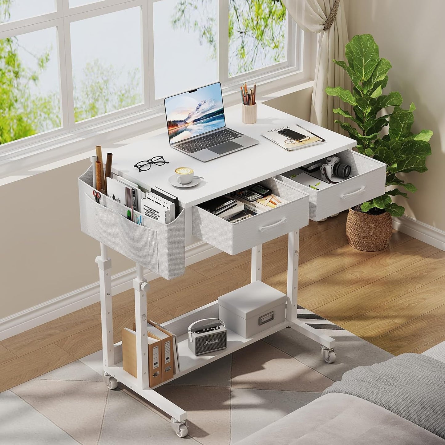 Small White Portable Rolling Desk - 32 Inch Adjustable Mobile Standing Teacher Desks with 2 Fabric Drawers on Wheels, Couch Sofa Side Laptop Table with Storage for Bedroom Home Office, White
