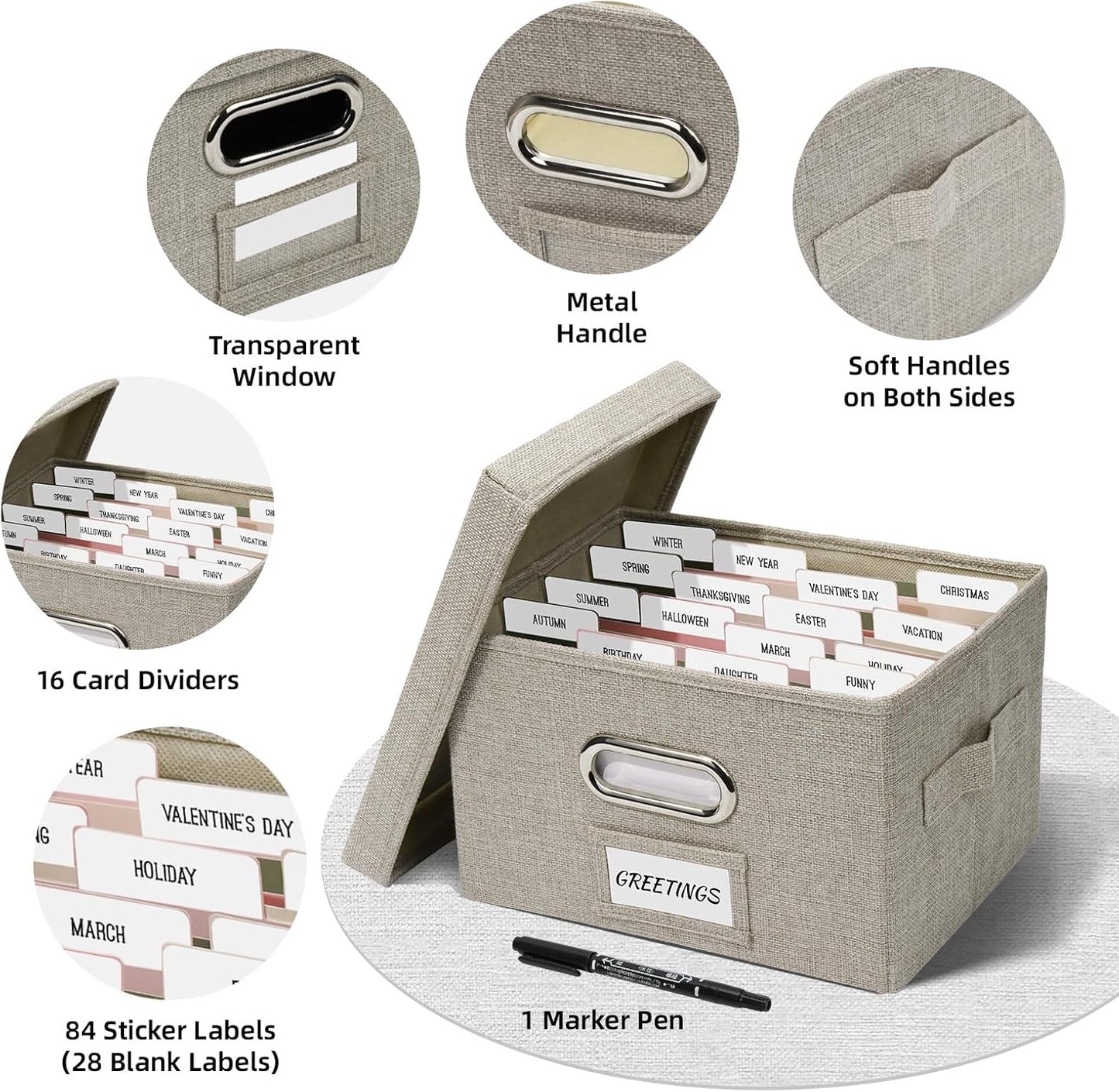Greeting Card Storage Box, Linen Storage Box with 16 Adjustable Dividers, 84 Labels, 1 Marker Pen, Perfect for Organizing Greeting Cards, Envelopes, Photos 1 Pack Beige