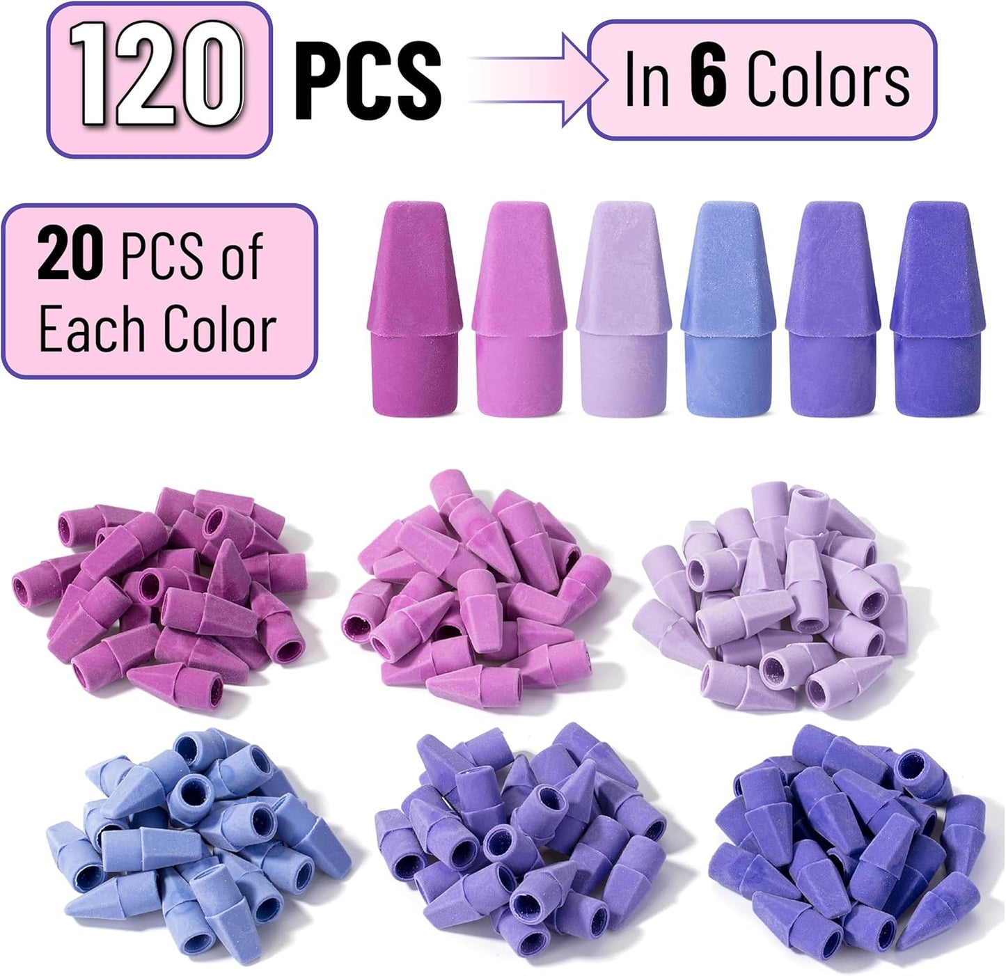Mr. Pen- Pencil Top Erasers, 120 Pack, 6 Different Purple Shade Colors, Latex-Free & No Smudge Pencil Eraser Tops, Back to School Supplies