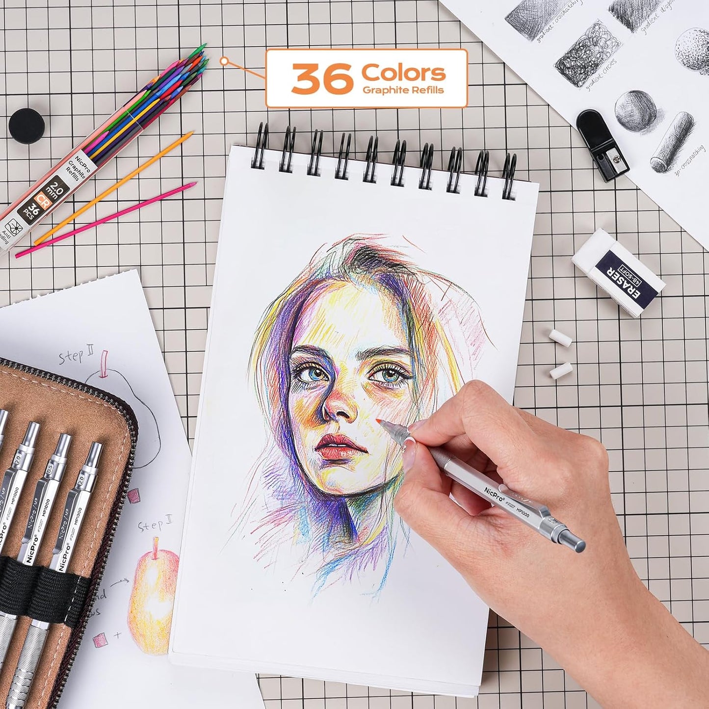 Nicpro 30PCS Silver Metal Mechanical Pencils Set in Leather Case, Art Drafting Pencil 0.5, 0.7, 0.9 mm, 2mm Lead Pencil Holder for Sketching Drawing With 16 Tube (6B 4B 2B HB 2H 4H Colors)Lead Refill