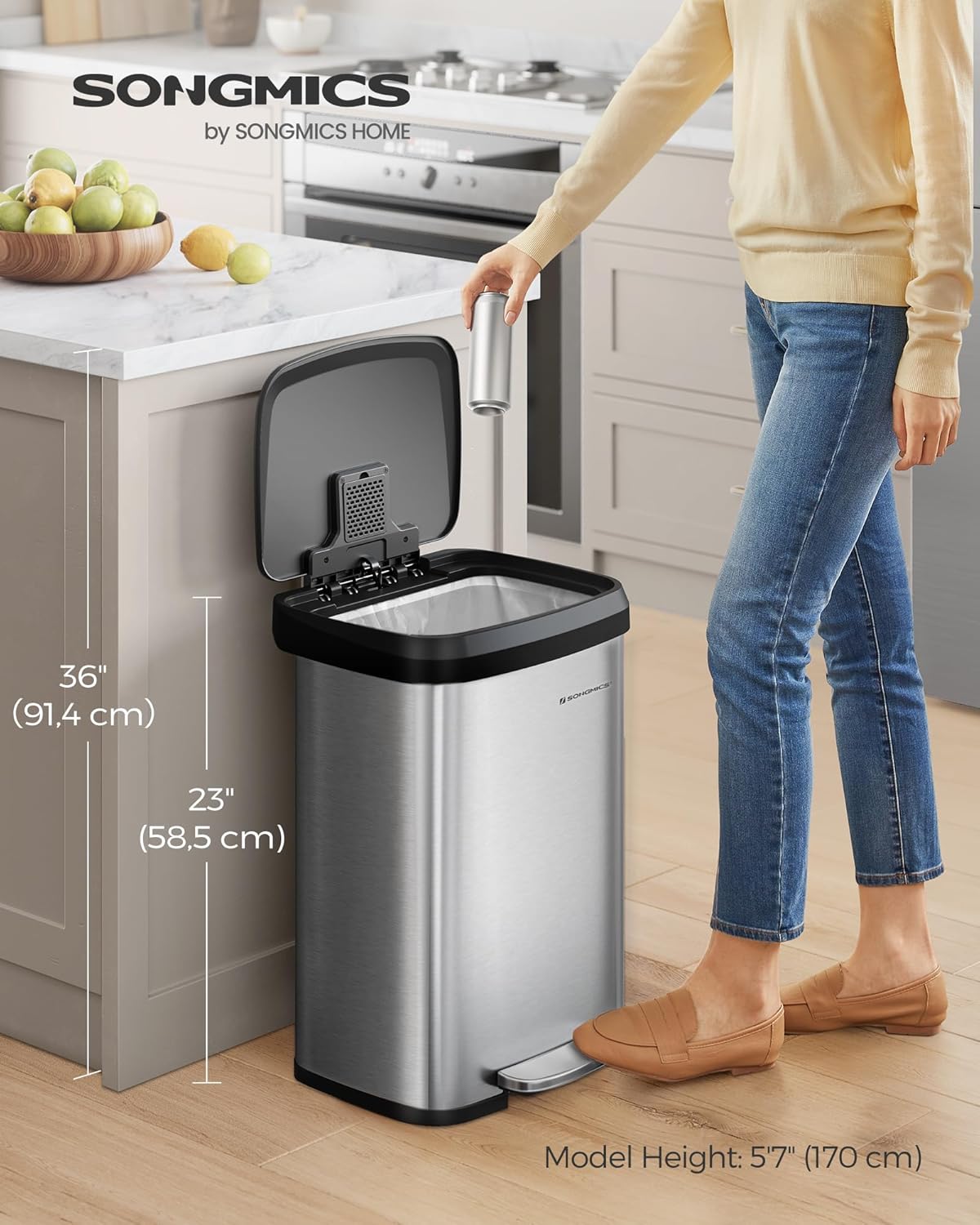 SONGMICS Kitchen Trash Can, 13 Gallon (50 L) Stainless Steel Garbage Can, with Stay-Open Lid and Step-on Pedal, Soft Closure, Tall, Large and Space-Saving, Silver and Black ULTB530E50