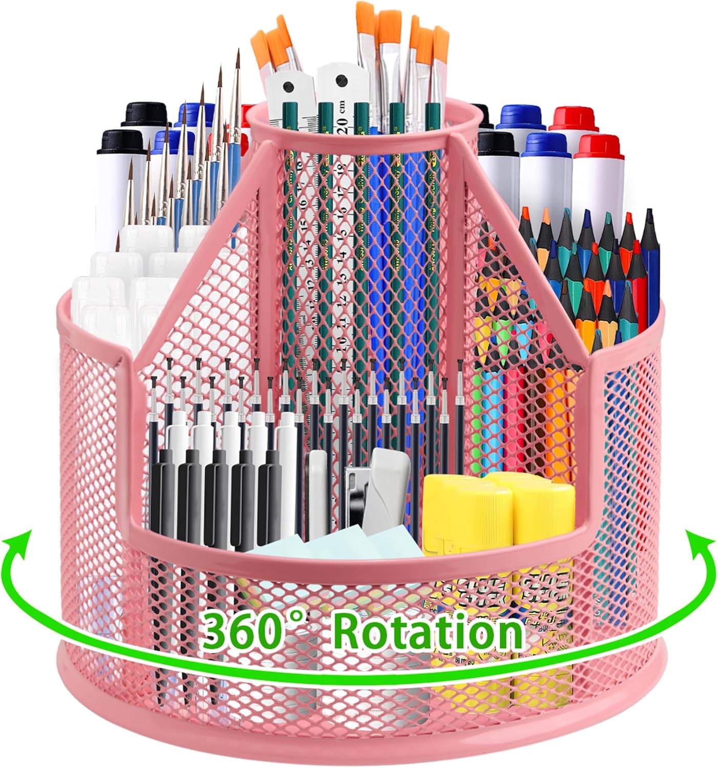 Sturdy Rotating Pen Holder, Cute Metal Pencil Holder, Large Mesh Pen Organizer for Desk, Premium Friendly Office Desk Accessories & Workspace Organizers, Pink