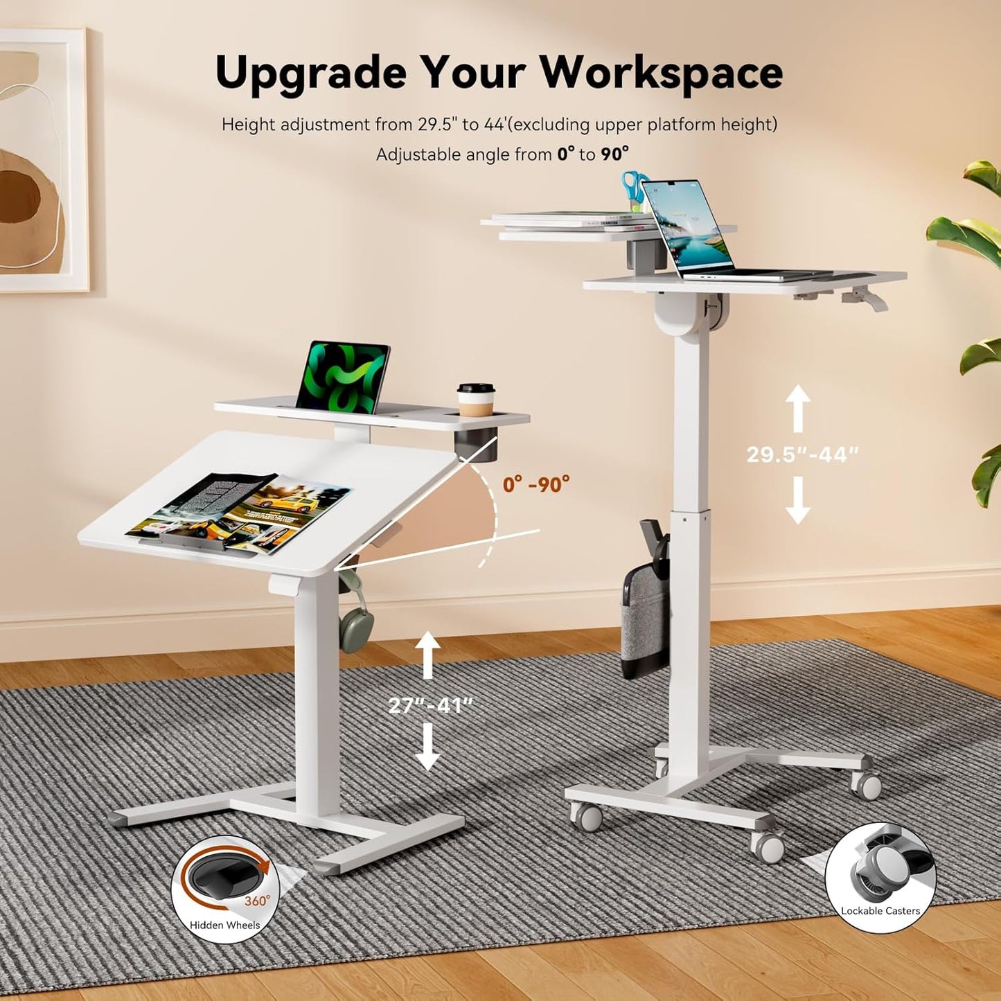 28Inch Mobile Standing Desk On Wheels， Rolling Laptop Stand with Tiltable Desktop， Small Computer Workstation Adjustable Height， 2-Tier Portable Study Table with Storage Shelves， White