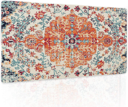 Orange Teal Boho Gaming Mouse Pad Large XL Rug Carpet Bohemian Retro Extended Large Desk Mat Big Mousepad Non-Slip Rubber Base Stitched Edge Long Desk Pad for Desktop Office PC Gamer,20x14 in,60x35cm