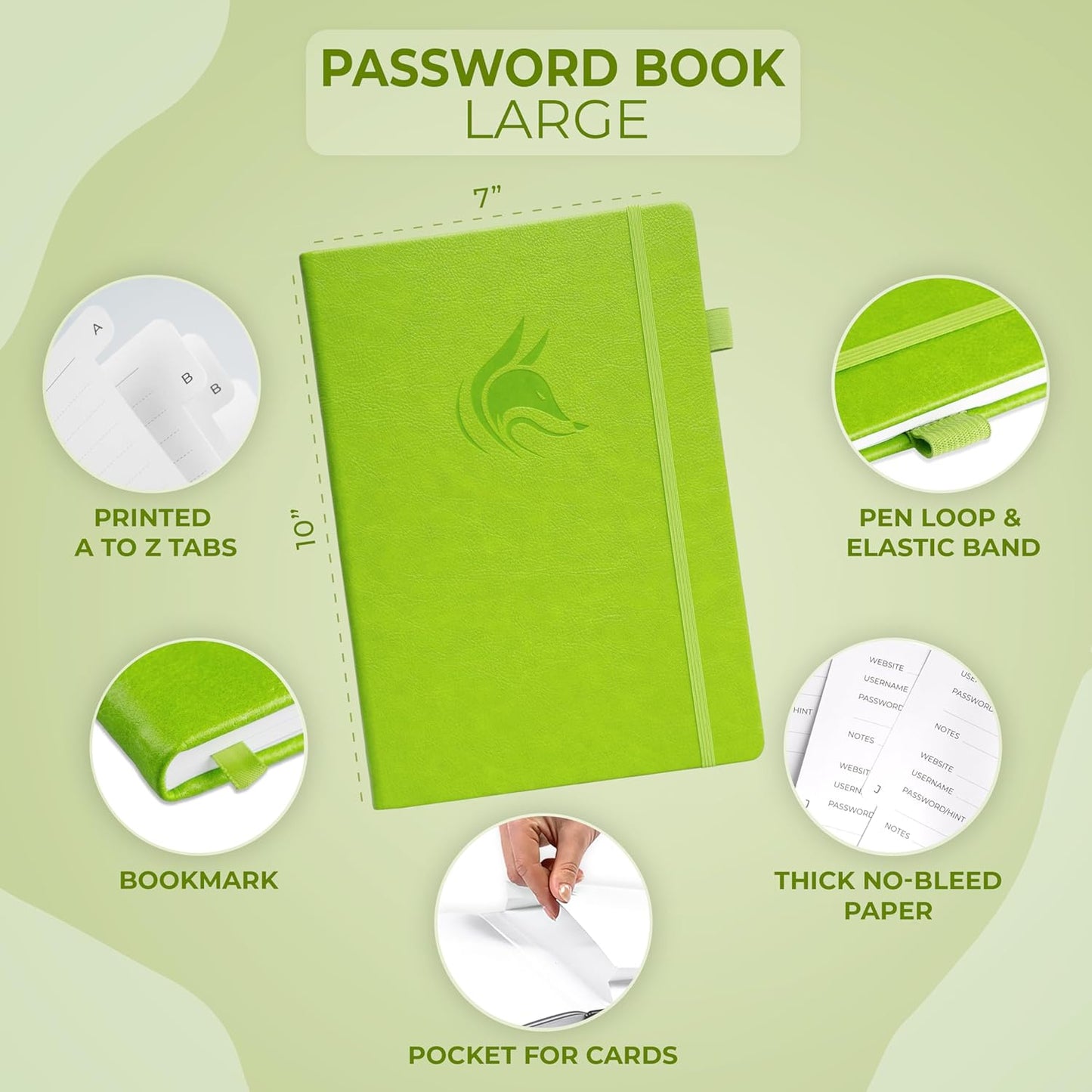 Clever Fox Password Book with alphabetical tabs. Internet Address Organizer Logbook. Large Password Keeper for Website Logins (Green)