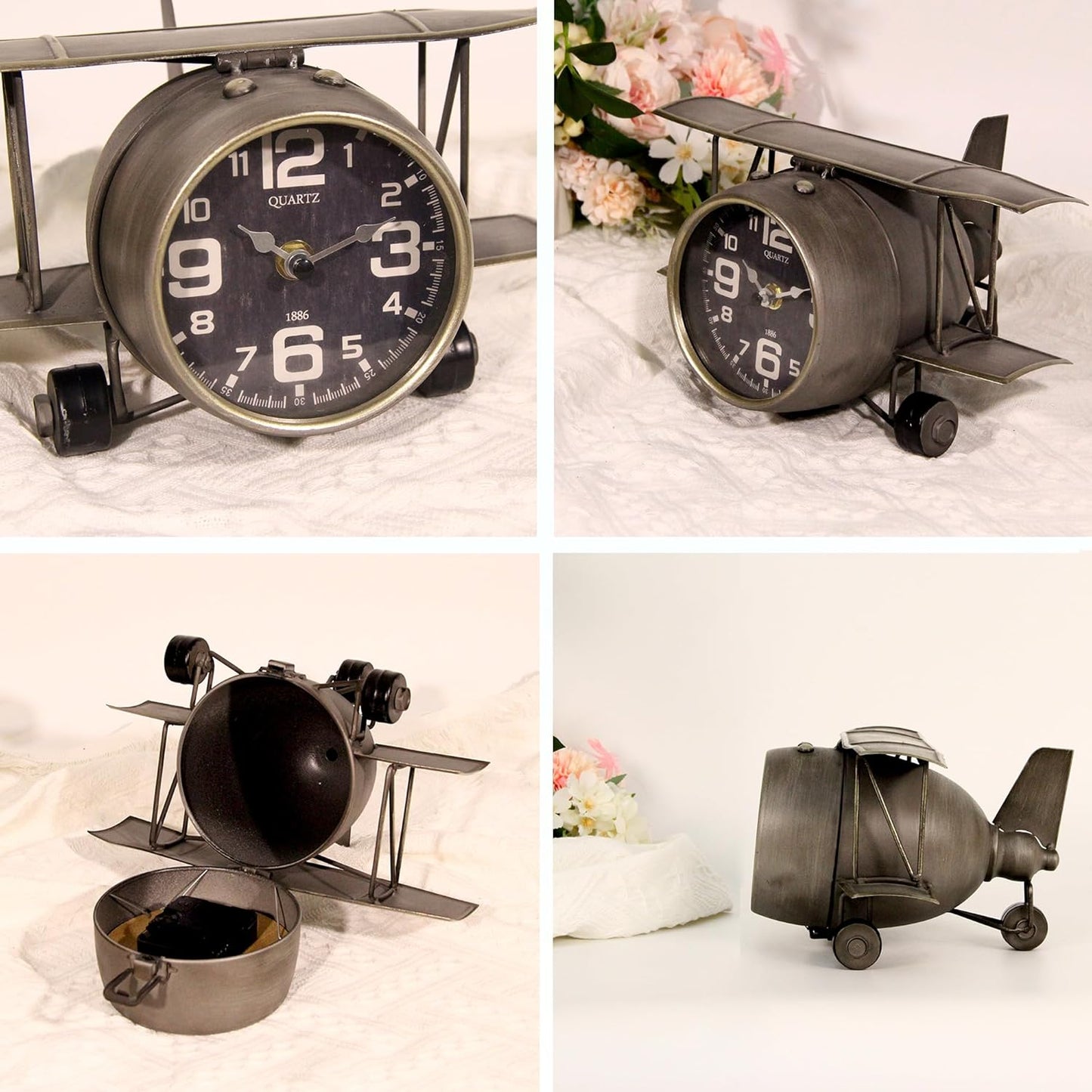 Airplane Metal Tabletop Clock Industrial Home Decor Accents for The Mantel, Shelf, Desk, or Any Table Top, Battery Operated No Battery Supplied