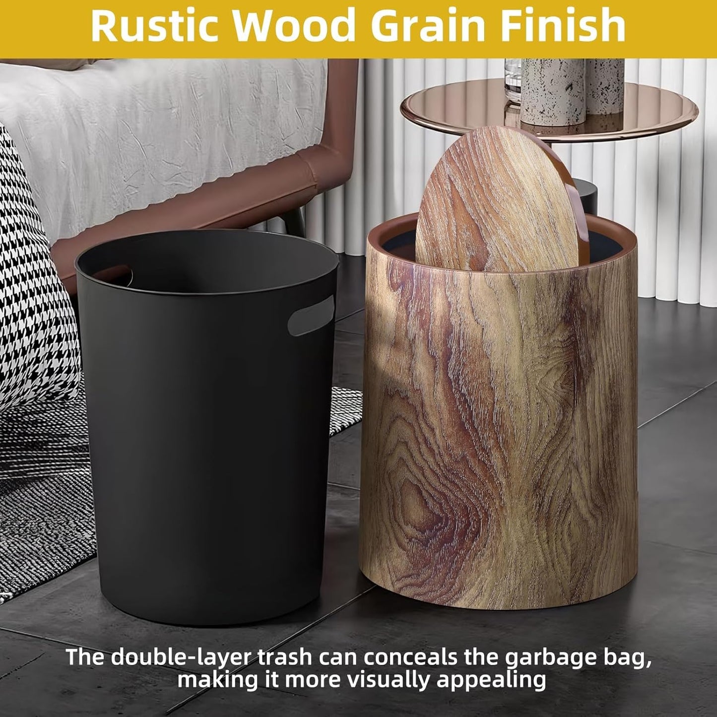 Wood Grain Plastic Trash Can Swing Top Lid, 4Gal/15L Farmhouse Wastebasket Bin Retro Style with Inner Bucket, Bathroom Trash Can Hidden Bag for Room Aesthetic, Round Brown Garbage Can 2pack