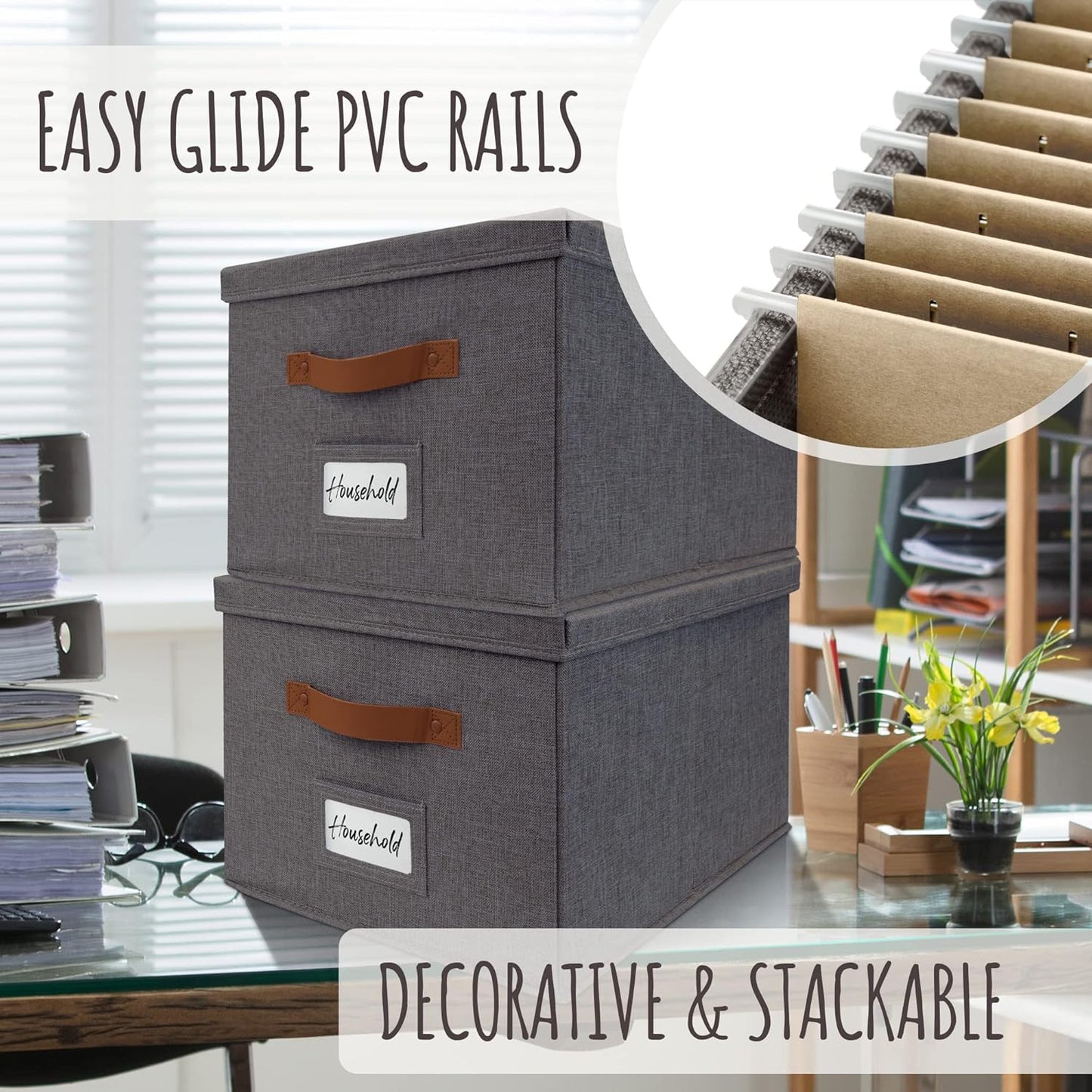ZICOTO Decorative File Organizer Box Set of 2 - Collapsible Linen Filing Cabinets w/Handles Are Perfect to Store all Your Documents & Hanging File Folders - Portable Easy Slide Crates with Lid