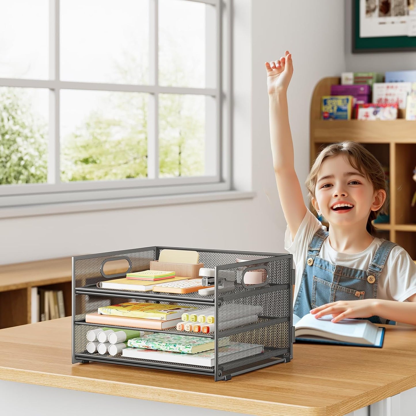 Subekyu 3 Tier Paper Letter Tray Organizer for Desk, Gray Metal Mesh Desk File Folder Sorter Organizer with Handle and Sliding Tray for Home, Office, School Supplies Organization Storage
