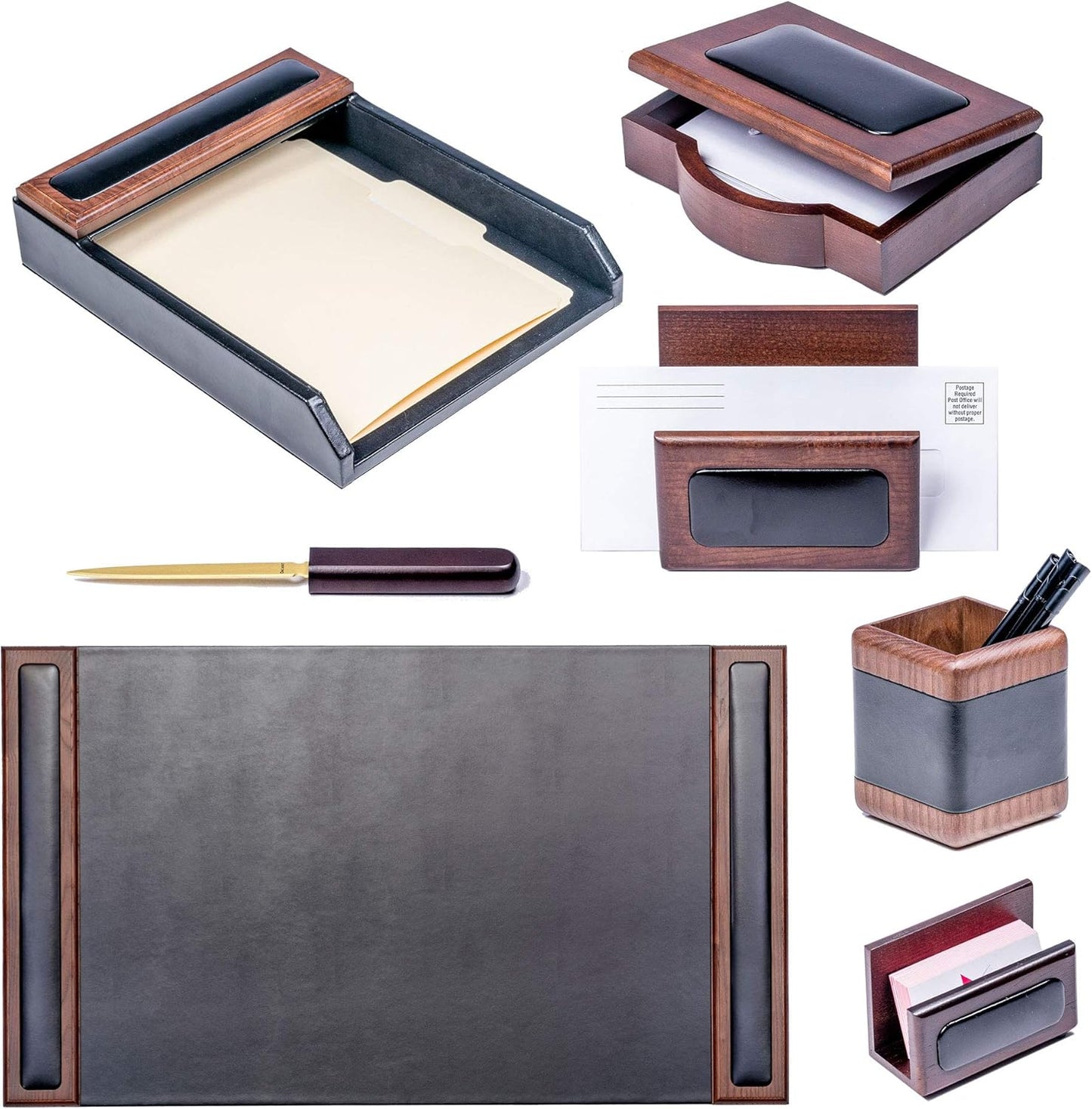 Dacasso Wood & Leather Desk Set - Luxury Leather Desk Pad & Desk Organization Essentials (Walnut and Black, 7 Piece)