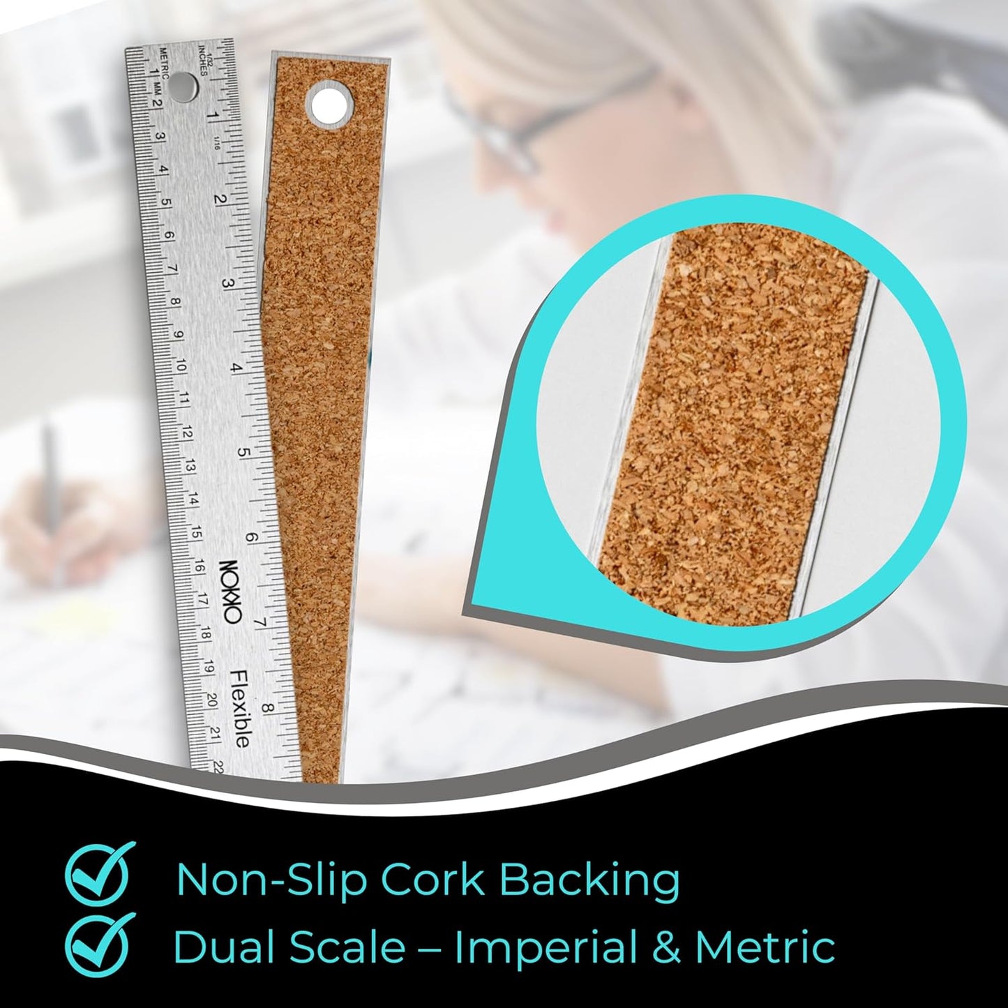 NOKKO 18 Inch Metal Ruler with Cork Backing, Pack of 2 - Stainless Steel Straight Edge Ruler with Inches and Centimeters, Non-Slip Cork Back for Precision Measurement and Stability
