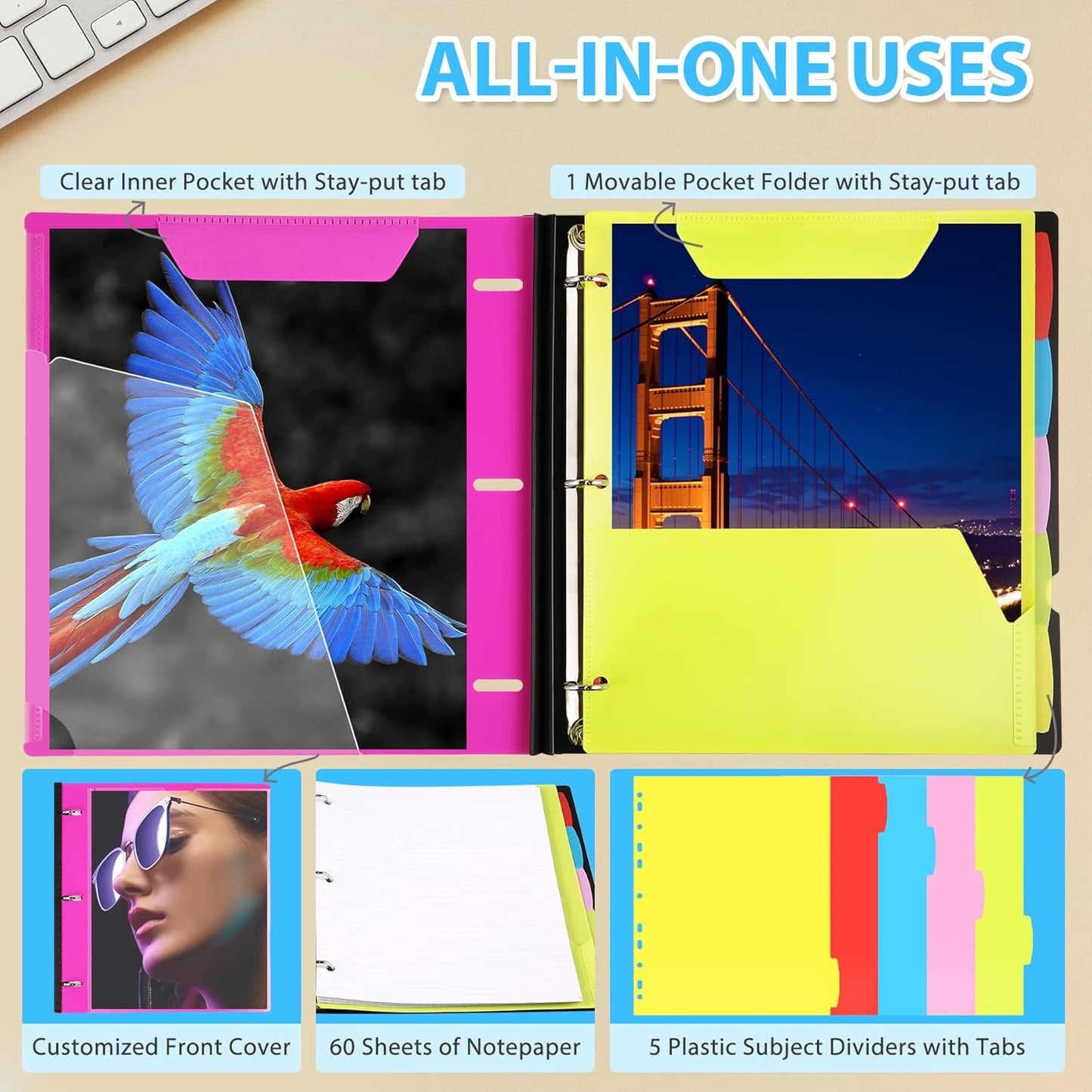 WOT I 1-Pack Telescoping 3 Ring Binder Notebook - Customizable Cover, 5 Dividers & Pocket Folder in One Slim Organizer (60 Sheets Included), Pink