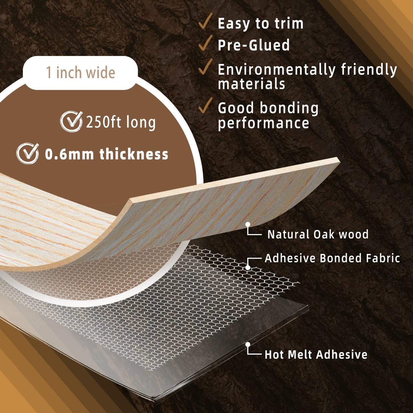 GSCIT Club Oak Edge Banding, 1 inch x 250ft roll of Veneer Plywood Edge Banding Preglued Flexible, Wood Tape Banding for Cabinet Repair