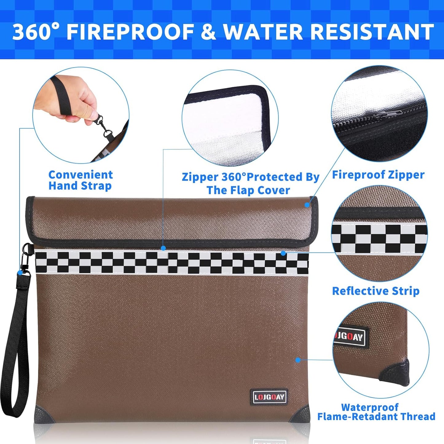 6200°F Fireproof Document Bag with upgrated Fireproof Zipper, Fire Proof Money Bag for Cash with Hand Strap, 9 Layers of Heat Insulated Materials, Water Resistant Fireproof Bag for Documents,Safe Bag