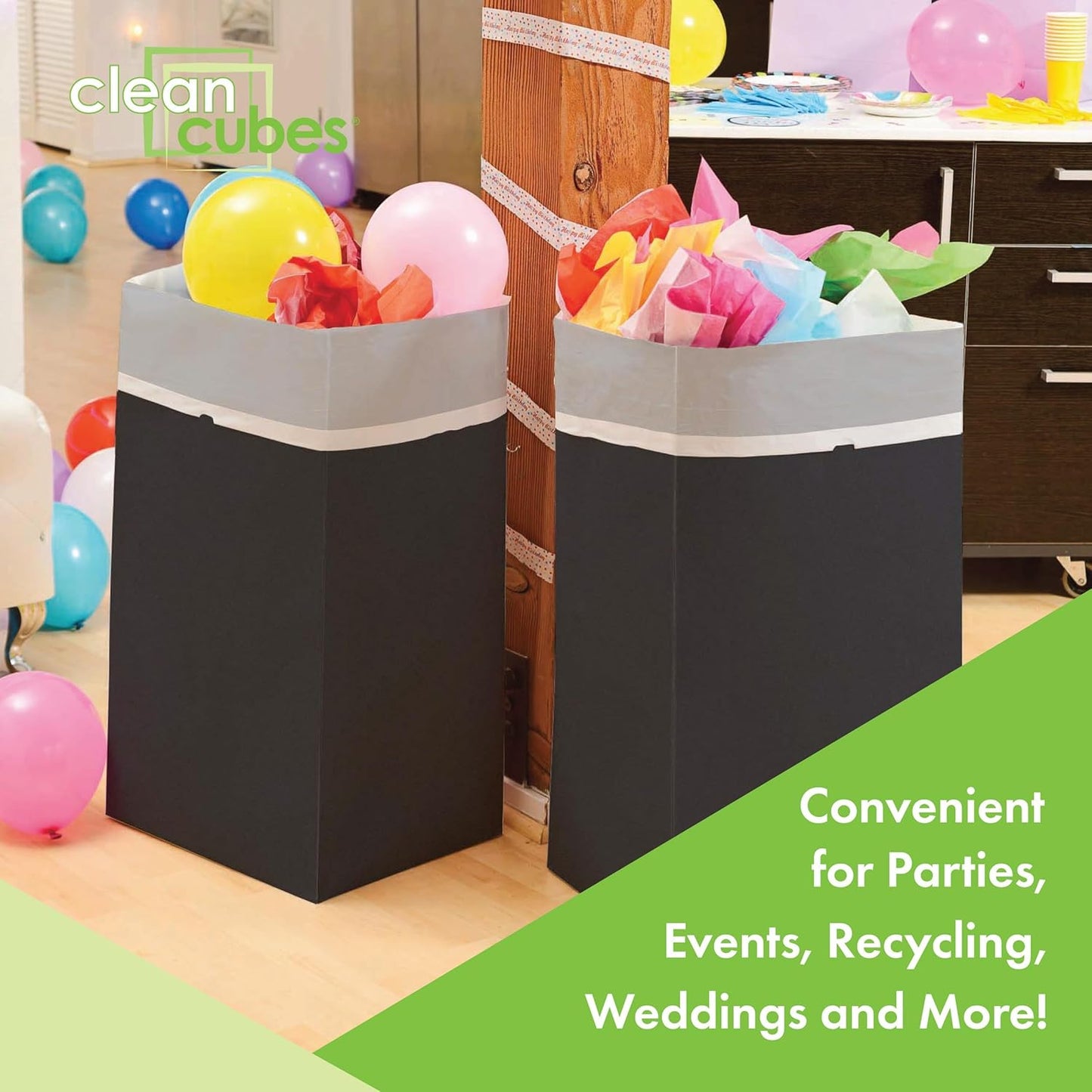 | 30 Gallon Disposable Trash Cans (3-Pack) with Fitted Trash Bags - Reusable Garbage and Recycling Bins for Parties, Events, and More (Black - 30” Height x 17” Width x 14” Depth)