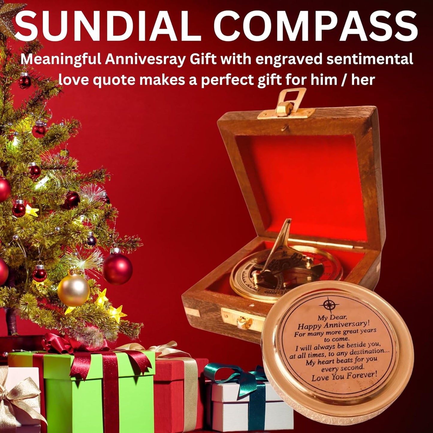 Anniversary Sundial Gift for Him or Her Sundial Clock Compass - Unique Gift for Husband or Wife, Men 1st Wedding Anniversary 50th 40th 25th 20th Year Celebration (Anniversary Sundial Wood Box)