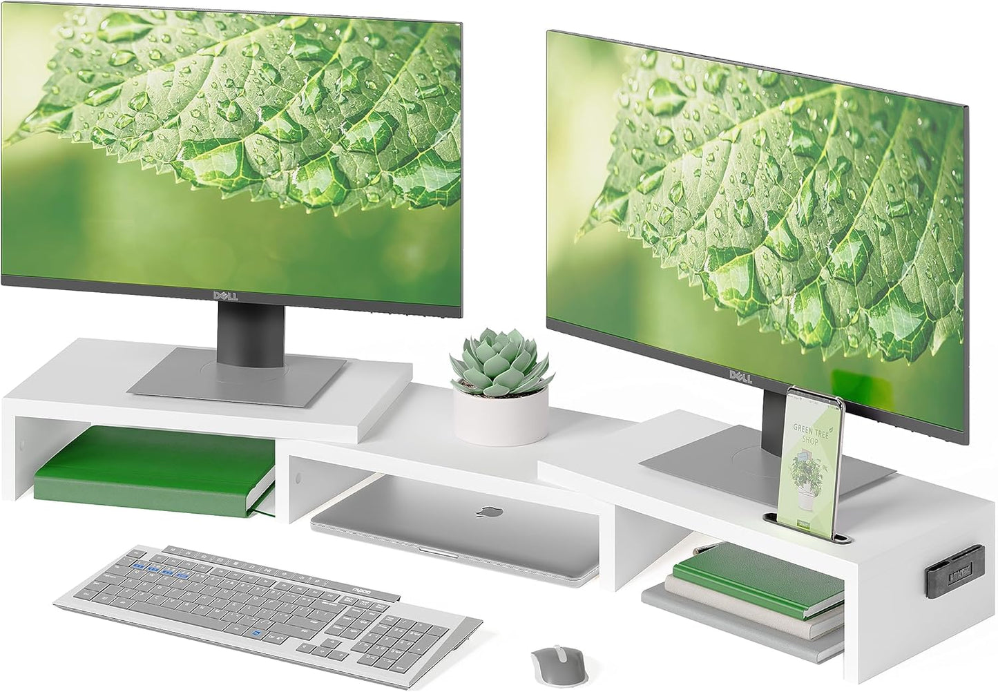 BONTEC Dual Monitor Stand Riser with Smartphone Holder, Adjustable Length & Swivel Angle, Ergonomic Wooden Desktop Organizer for PC Monitor, Laptop, Printer, Large Storage, White