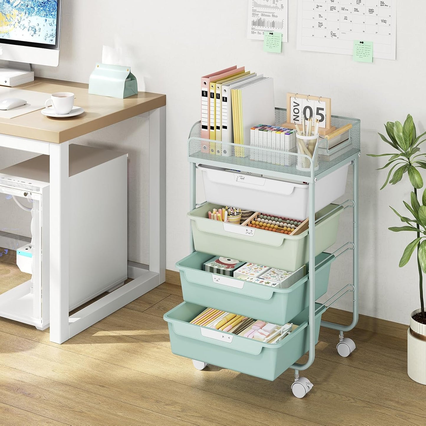 Rolling Utility Storage Cart with 4 Drawers - 4 Tiers Rolling Cart Craft Cart, Storage Drawer Cart Organizer for Craft Room Office Bedroom Classroom with Mesh Top & 4 PCS DIY Lable, Green