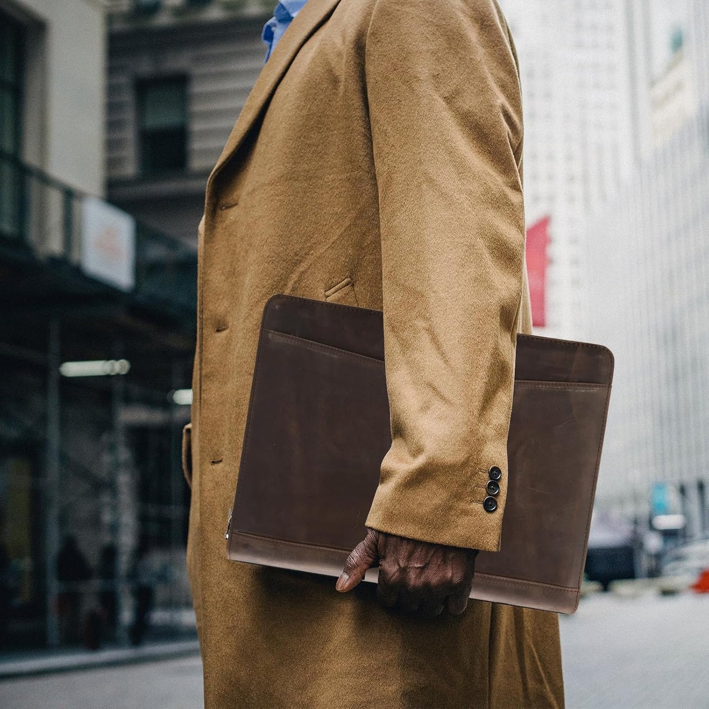 Genuine Leather Portfolio with Front Pocket for Men and Women, 8.5 x 11 Legal Pad Notepad Holder, Zippered Business Organizer, Professional Executive Letter Notebook Folder for Work, Dark Khaki