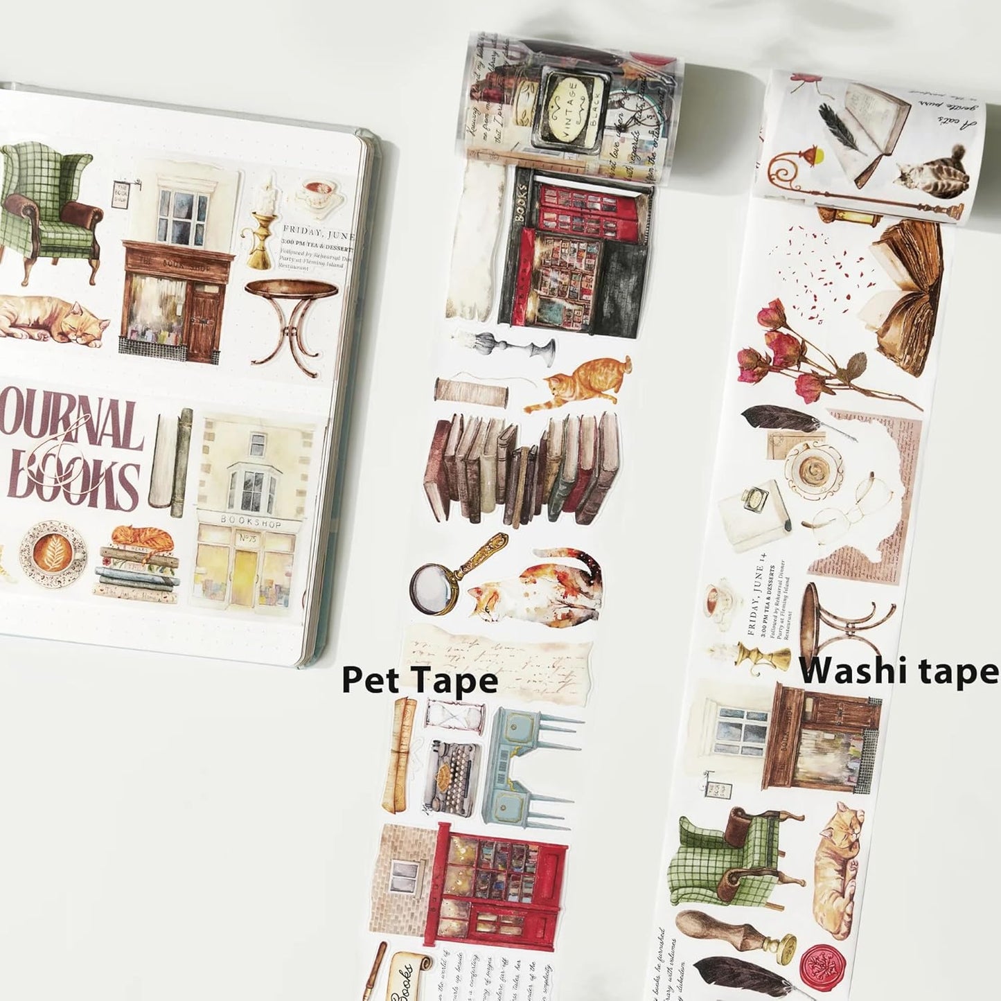 WT Pre-Cut Cats and Books Wide PET Tape, One Roll 5 Meters, Decorative Cute PET Tape for Bible Journaling, Bullet Journal Supplies,Scrapbooking Supplies,Planners, Party Decorations