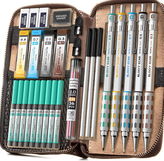 Nicpro Blocky Gear Metal Mechanical Pencil Set in Leather Case, 29PCS Art Drafting Pencils 0.3, 0.5, 0.7, 0.9&2mm Lead Pencil with 330PCS Lead (HB 2H 4H 2B 4B 6B Color) For Writing Sketching Drawing