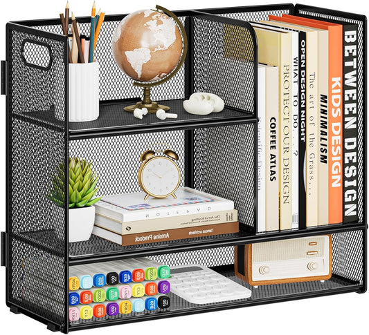 Marbrasse 3-Tier Desk Shelf Organizer with Handle, Desktop Bookshelf File Holder, Mesh Display Shelf Organizer Storage Rack for Office, Home, Supplies, Kitchen (Black)