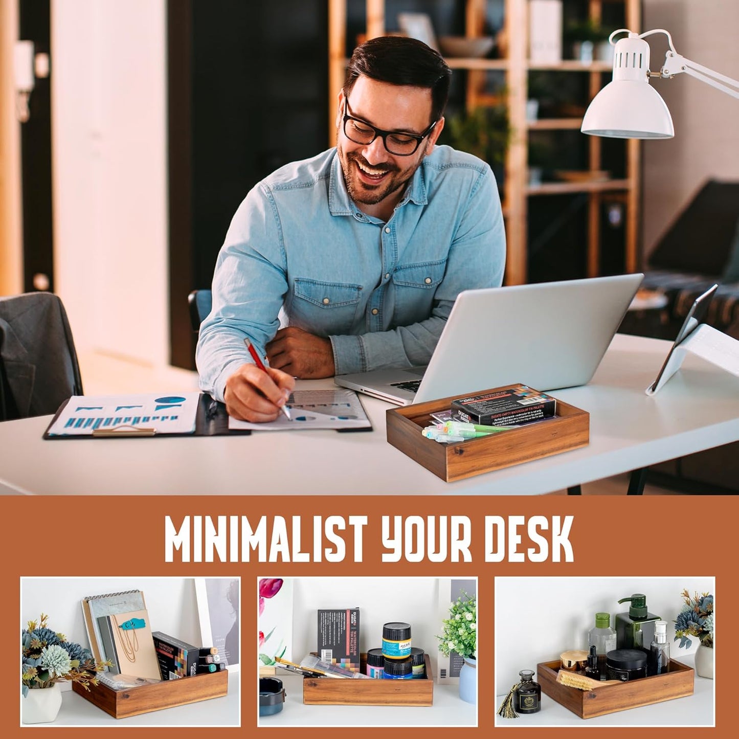 Demigo Acacia Wood Desk Organizer Tray - 9.5x6.7x2 Inch Letter & Stationery Holder for Office, Entryway, Desktop - Natural Wood Catchall for Pens, Mail, Keys