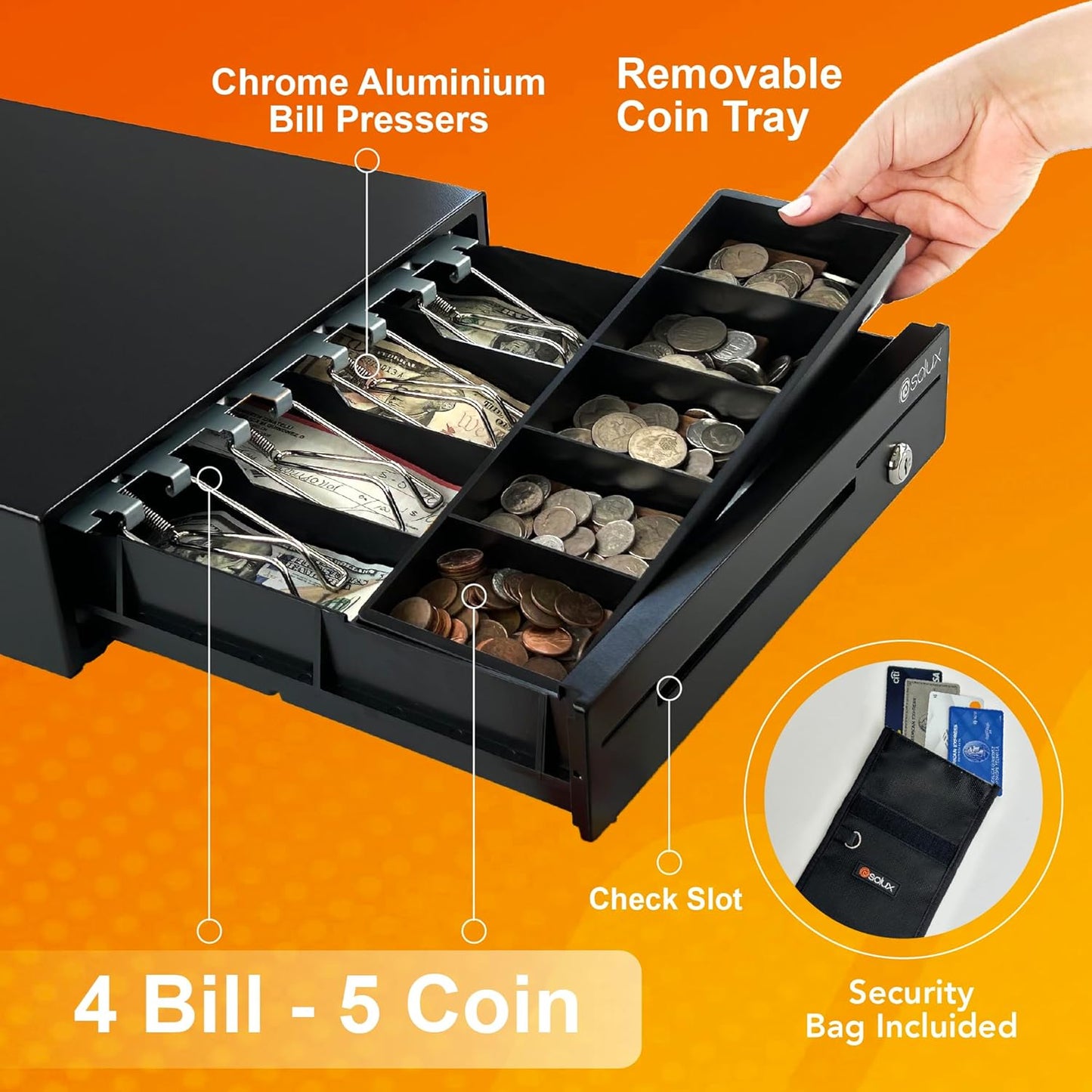 SOLUX 13" Cash Drawer - Cash Registers - Cash Register Drawer for POS - Square Cash Drawer for Small Businesses - Removable Coin Tray - 24V, RJ11/RJ12-Key Lock 4 Bill - 5 Coin, Black