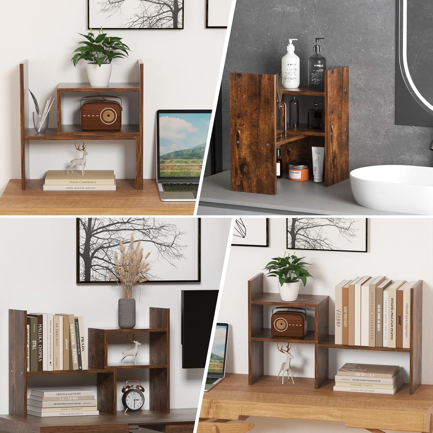 TY ARTS & CULTURE - Expandable Wood Desktop Storage Organizer Multipurpose Desk Bookshelf Display Shelf Rack Counter Top Bookcase for Office Home | Natural Brown