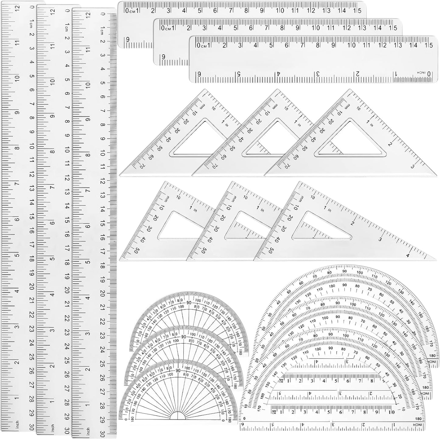 Tenare 18 Pcs Plastic Clear Math Set Includes Protractor Triangle Rulers 12 Inch 6 Inch Straight Geometry Math Transparent Ruler Measuring Tool for School Office Home Supplies
