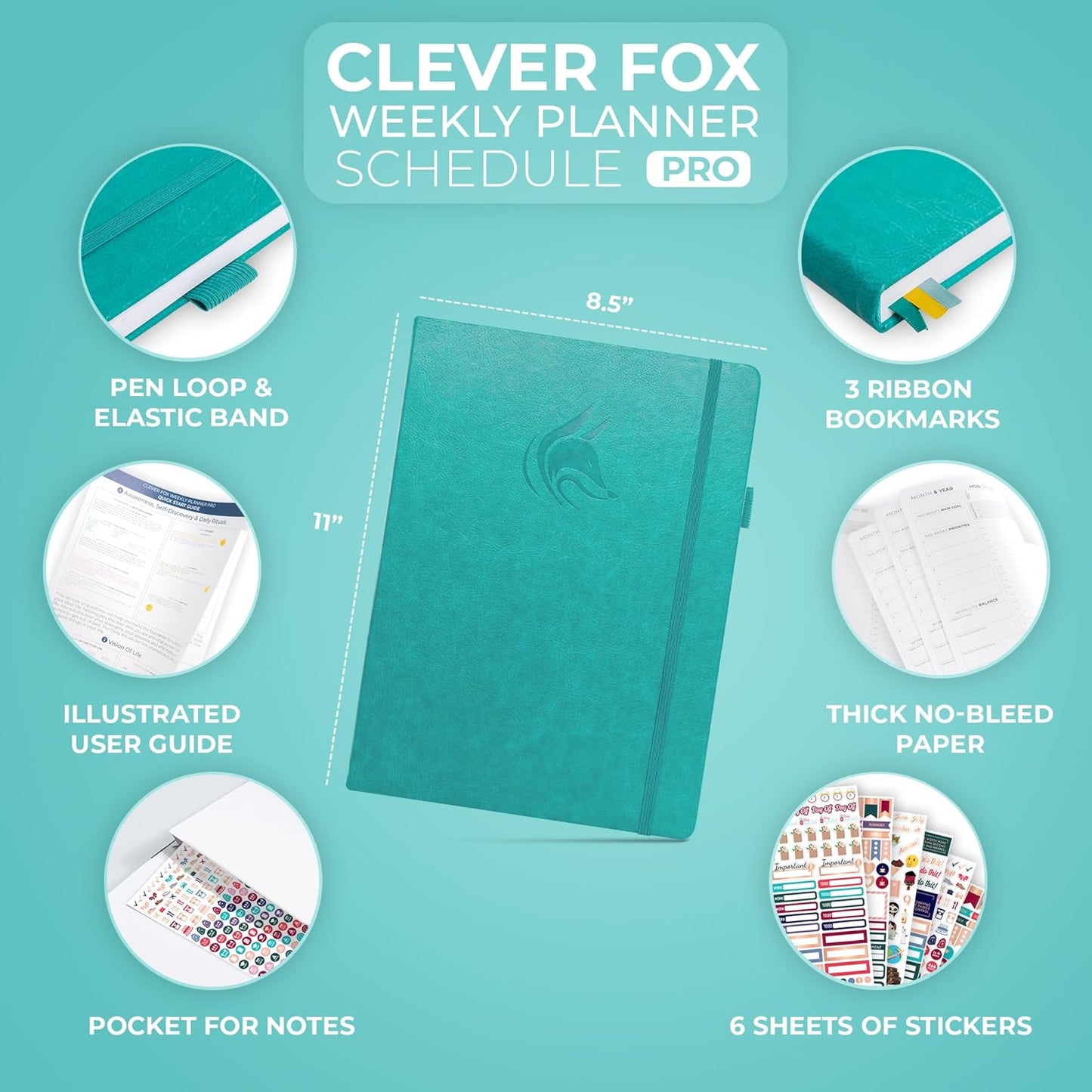 Clever Fox Planner PRO Schedule – Undated Weekly & Monthly Life Planner with Time Slots, Appointment Book & Daily Organizer, A4 (Turquoise)