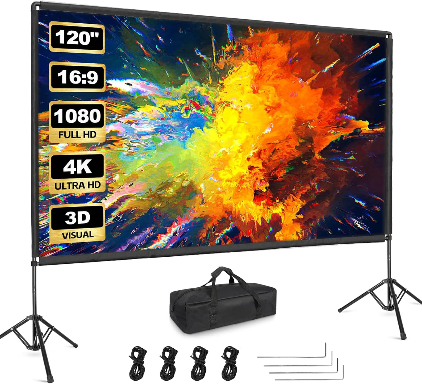 Outdoor Projector Screen with Stand, Qoolfoto 120 Inch Portable Projector Screen, Indoor Outdoor Projection Screen 16:9 4K HD Wrinkle-Free Movie Screen with Carry Bag for Backyard Movies Home Theater