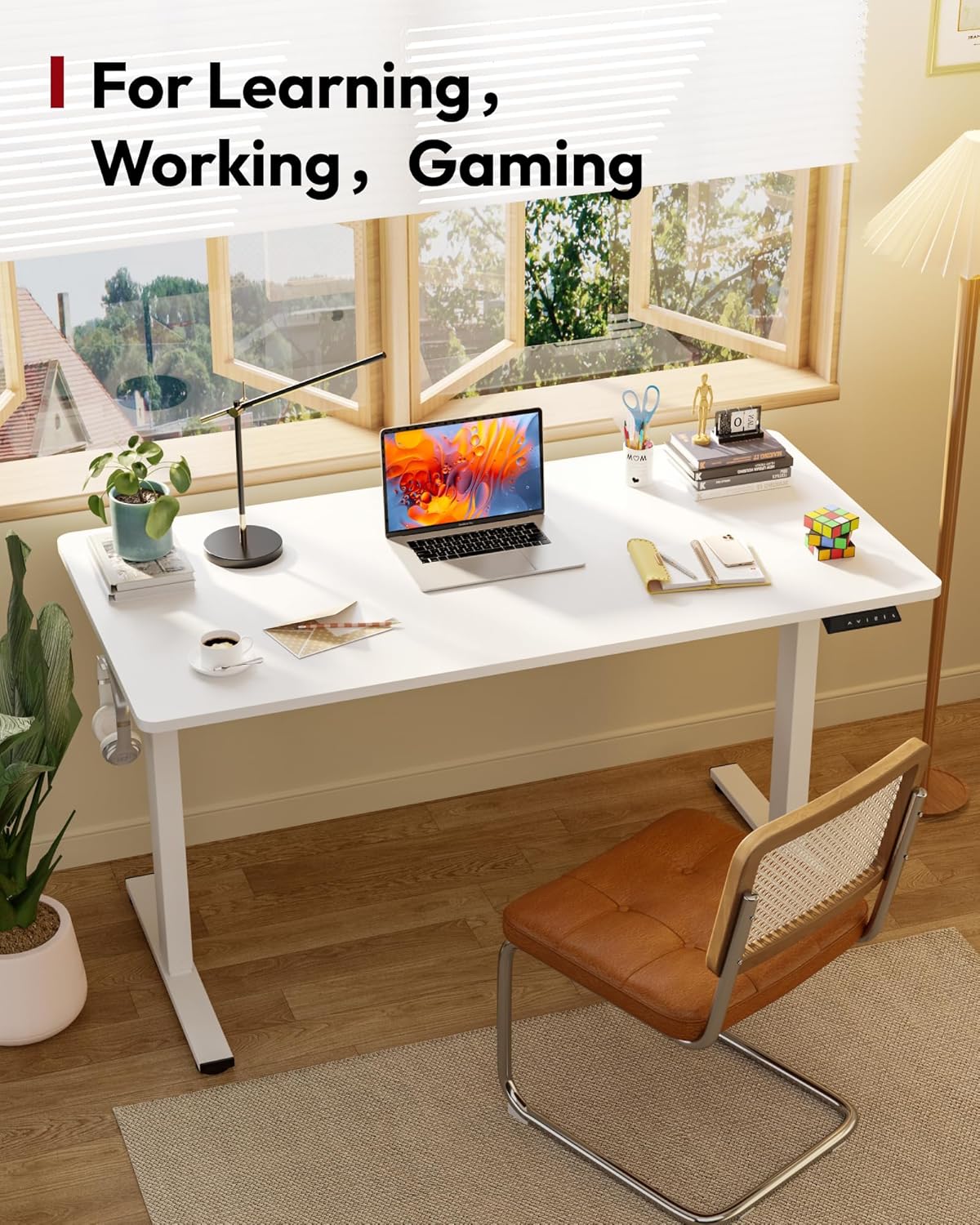 SANODESK Electric Standing Desk 71 x 32 Inches Height Adjustable Stand Up w/6-Button Controller Ergonomic Computer Desk with Splice Board for Home Office, White Frame + White Tabletop