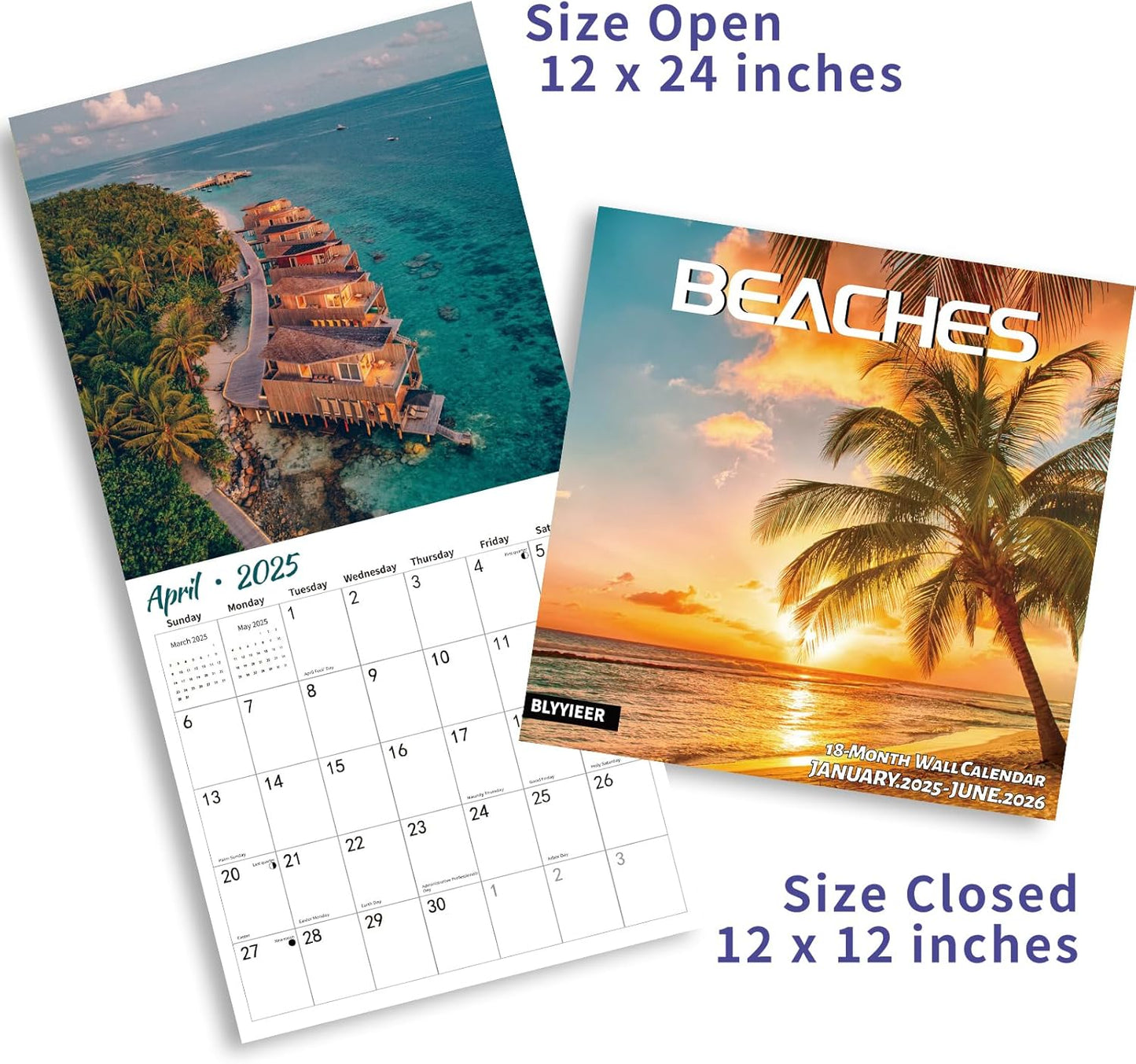 2025 Wall Calendar BEACHES, 18 Months Hangable Wall Calendars, Beach Calendars 2025-2026, 12" x 24" (Open), Thick Glossy Paper, Organizing & Planning