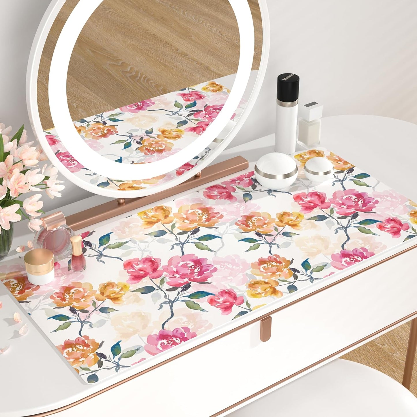 QIYI Floral Mouse Pad, Watercolor Flowers Desk Mat for Desktop, Women Girls Office Décor Accessories, PU Leather Waterproof Gaming Mousepad, Pink Yellow Peonies Desk Pad Computer Mat, 31.5" x 15.7"