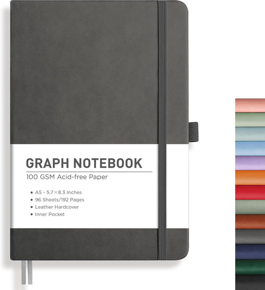 RETTACY Graph Grid Paper Notebook, 192 Pages, A5 Medium Size (5.7'' x 8.3''), 5 Squares per Inch, Leather Hardcover, 100 GSM Thick Paper, for School, Students, Math, Engineering (Gray)