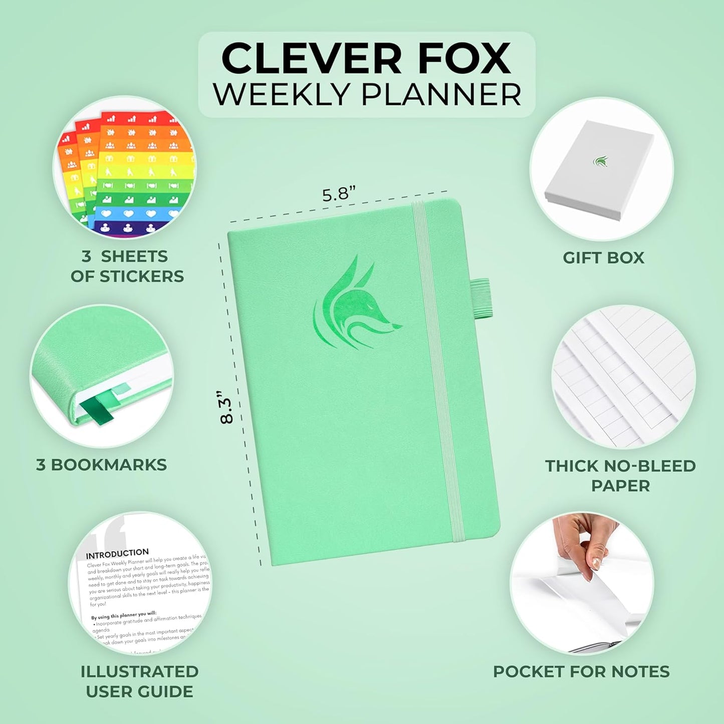 Clever Fox Planner – Undated Weekly & Monthly Planner for Productivity, Time Management & Goals – Organizer Journal – A5 (Mint Green)