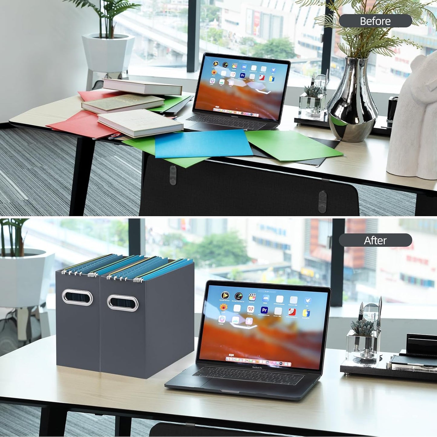 Oterri File Organizer, Small Storage Box, Cardboard File Folder Organizer, Collapsible File Box, Hanging File Organizer for Letter Size, Portable File Box with Handle, Only Box (Dark Grey,4 Packs)