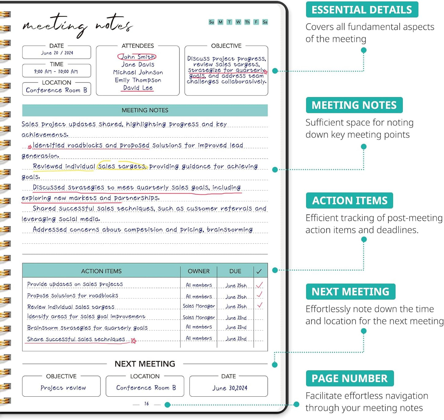 Taja Meeting Notebook for Work Organization - Work notebook with action items, Meeting Minutes Planner Notebook, Perfect Office Supplies for Men & Women - Black