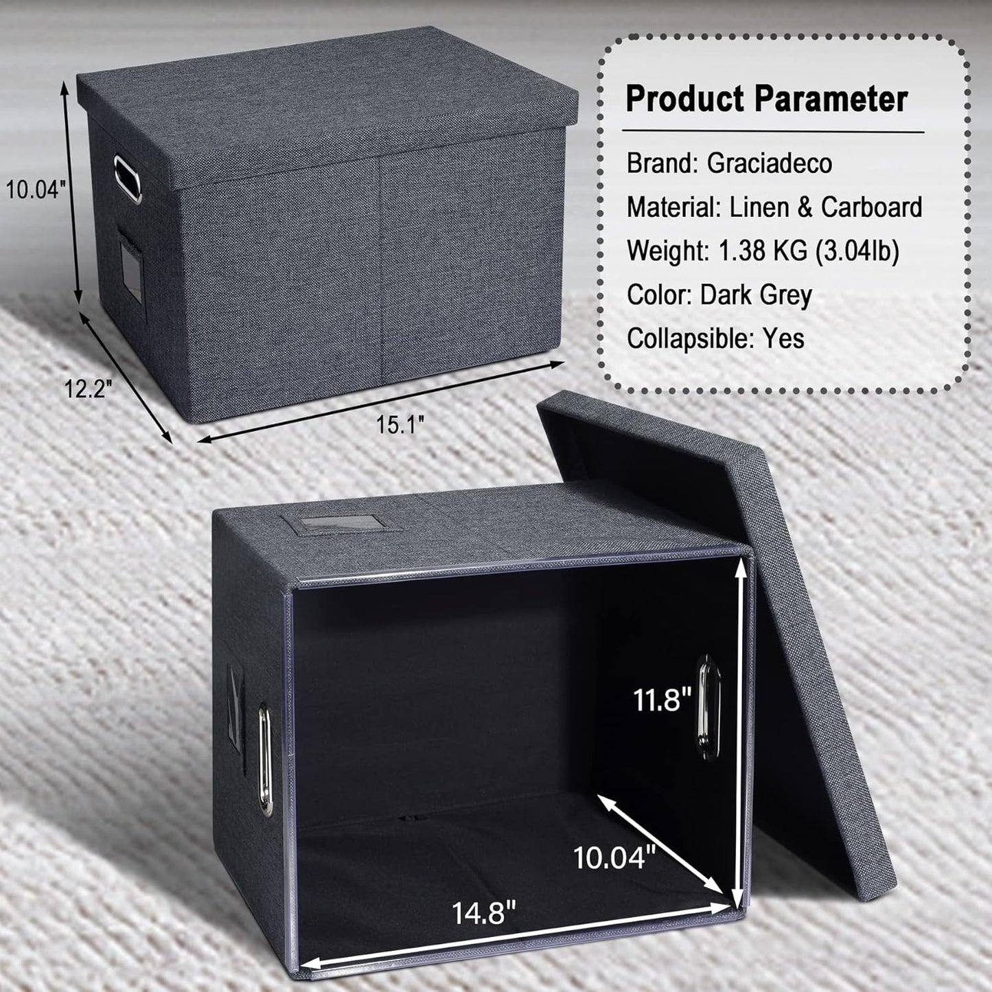 File Organizer Box, Decorative Storage Filling Box with Lid for Letter Legal Size Hanging Folders Collapsible Linen File Folder Box Office Document Storage Filing Bin, Dark Gray 4 Pack