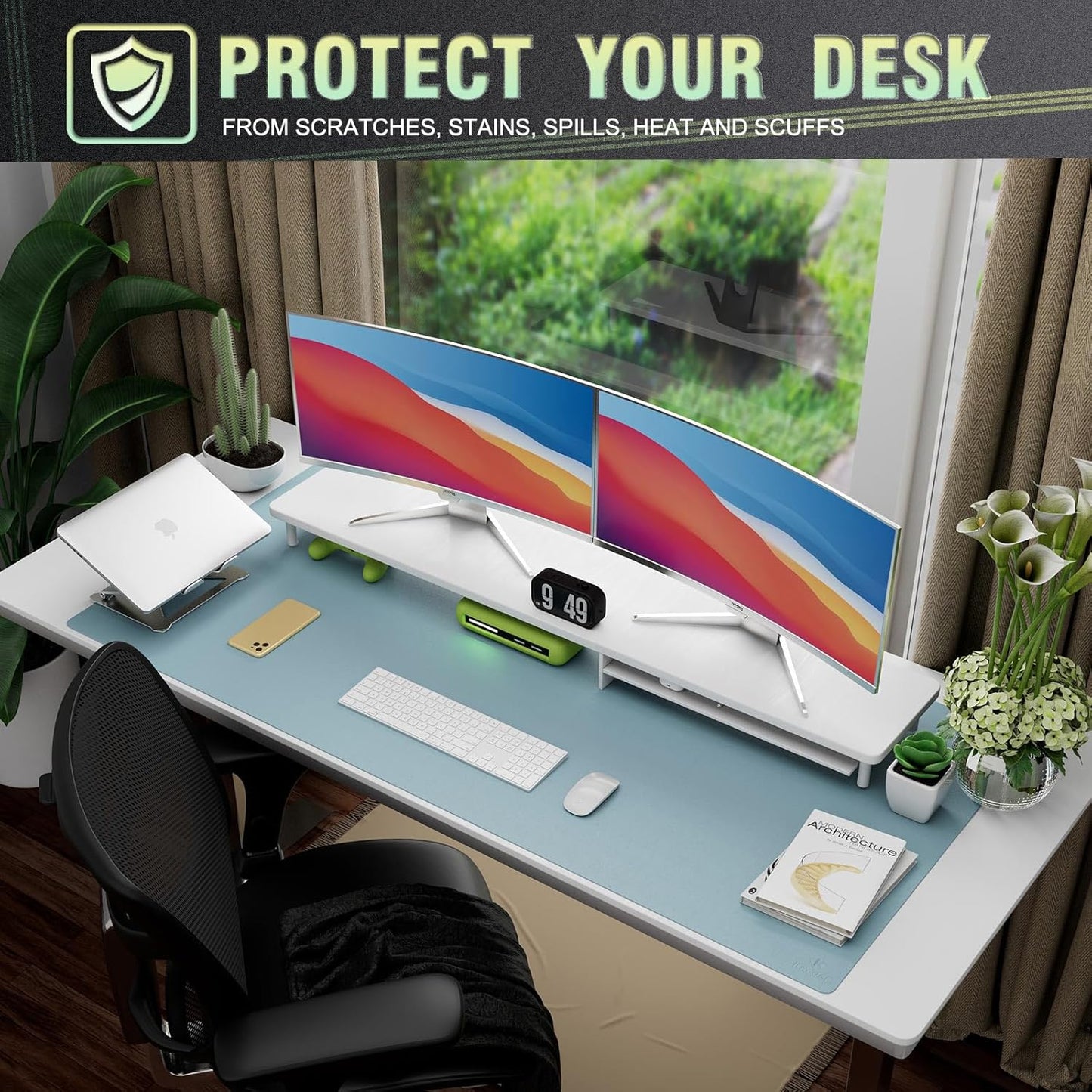 K KNODEL Large Office Leather Desk Mat, Mouse and Keyboard Pad, Computer and Laptop Mat, Desktop Protector and Cover, Writing Pad and Blotter (47.2"x23.6", Light Blue)