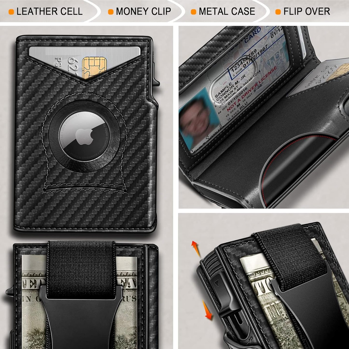 KEMISANT Airtag Wallet Men,Mens Slim Front Pocket Wallet Money Clip Standard or Apple Airtag Use 3.8"×2.8"×0.9"