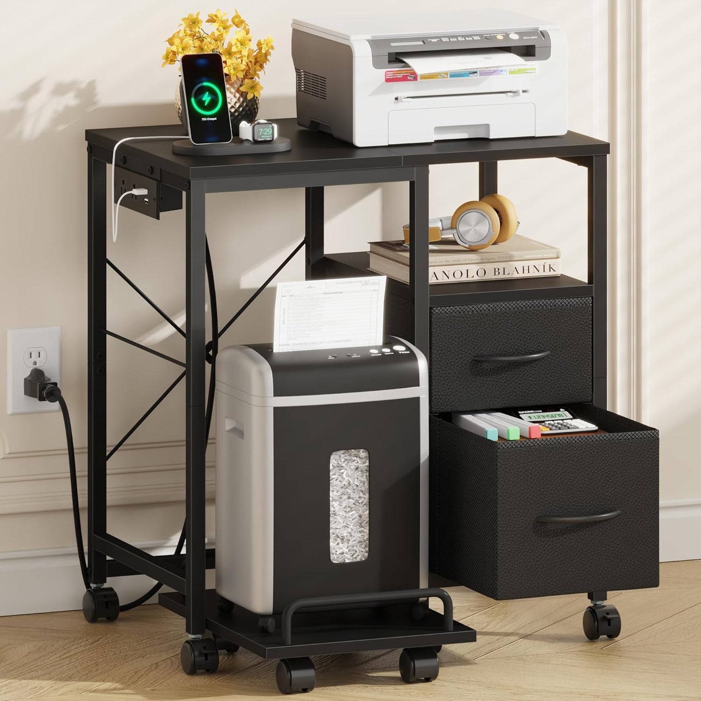 Printer Stand with Power Outlet/Fabric Drawers, Printer Cabinet with Storage Shelf and Rolling Shredder Stand, Printer Table for Home Office, 22.8"×15" Black