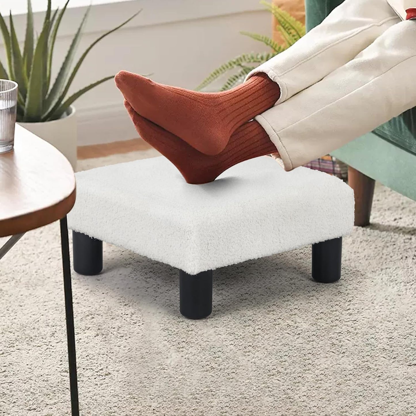 Joveco Small Foot Rest Stool Ottoman, Square Boucle Upholstered Footrest with Plastic Legs, Under Desk Footstool for Chair, Office, Living Room, White