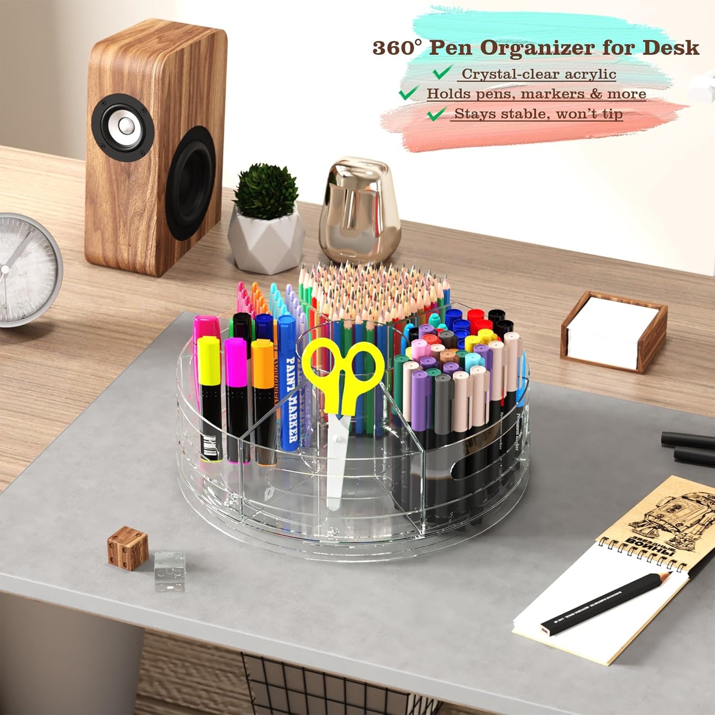 Pen Organizer for Desk - Acrylic Pen Holder with Hand Grips, 360° Extra Large Rotating Desk Organizer with 7 Removable Compartments for Office, Home, and Makeup Storage, Marker Organizer