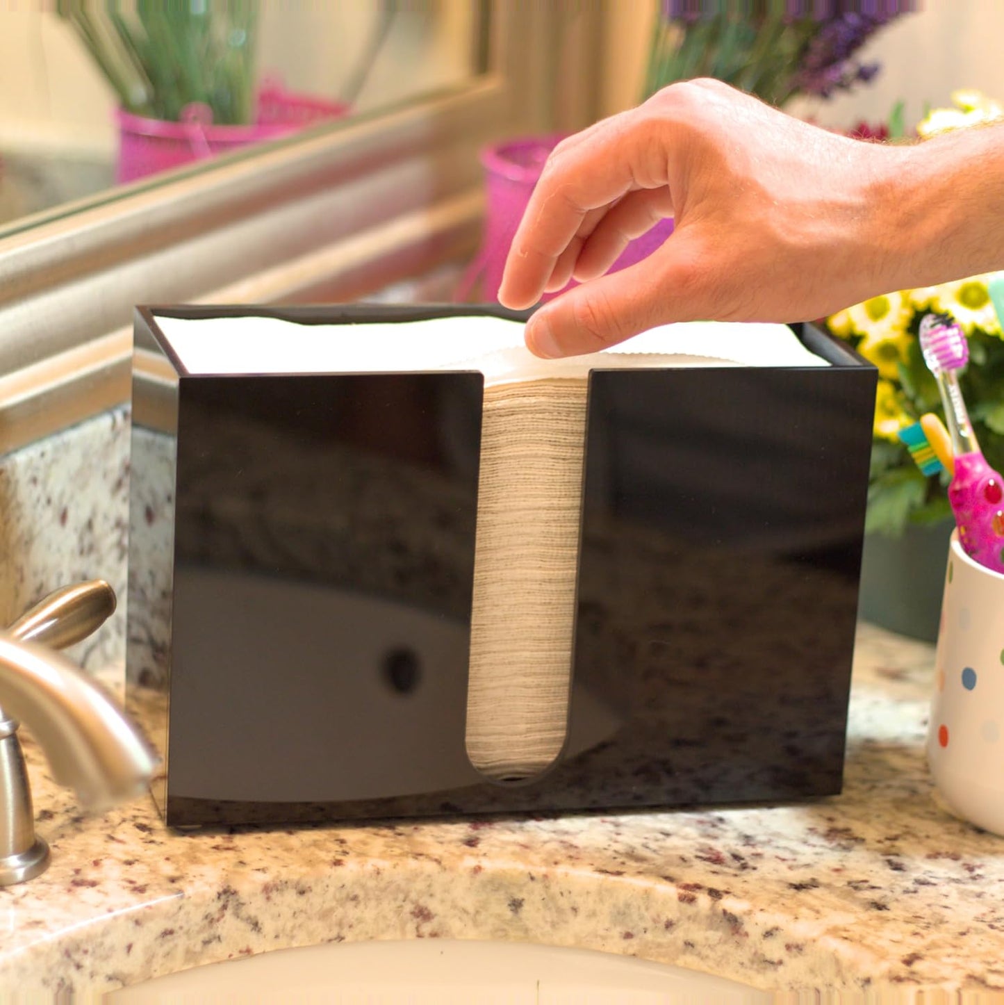 Paper Towel Dispenser Countertop, Black Paper Towel Holder(5mm - 6.5" Tall) Acrylic Folded Napkin Holder for Kitchen, Multifold C-Fold, Z-Fold, Trifold Paper Hand Towel Dispenser for Bathroom