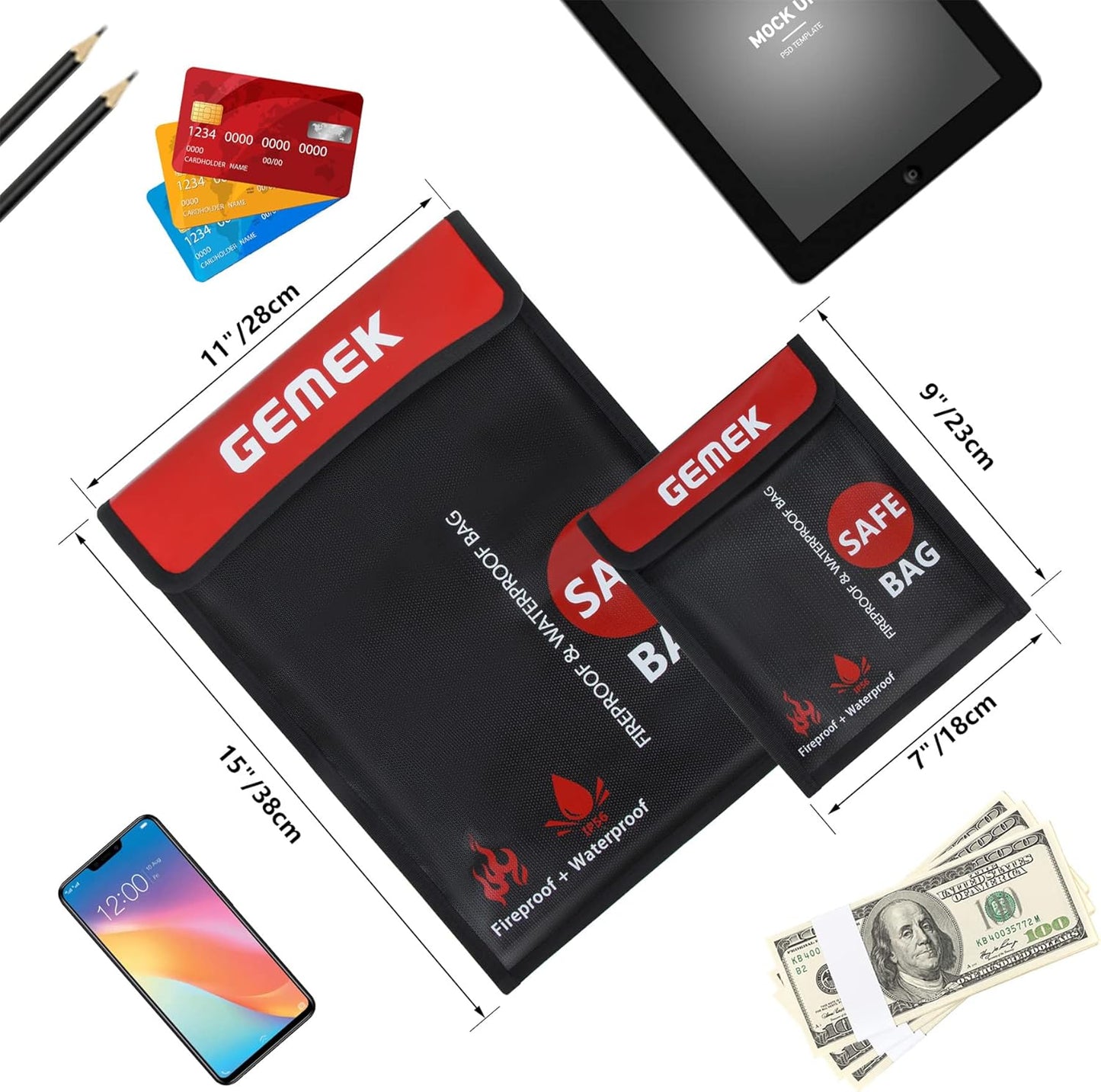 Fireproof Waterproof Money Document Bag 2 Pack, GEMEK Safe Zipper Bags, Fire & Water Resistant Storage Organizer Pouch for A4 A5 Documents Holder,File,Cash,Jewelry,Passport,Tablet,Laptop (Black)