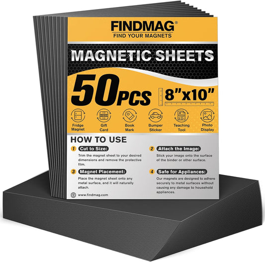 FINDMAG Magnet Sheets with Adhesive, 8” x 10”, Pack of 50, Magnet Papers for Stickers, Magnetic Sheets for Refrigerator, Whiteboard, Cuttable Magnetic Paper for Crafts, Pictures.