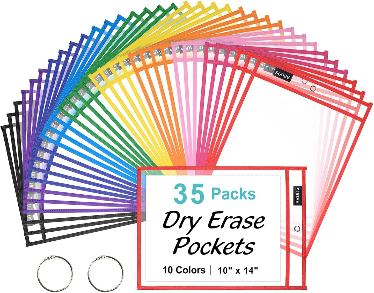 SUNEE 35 Packs Oversized Reusable Dry Erase Pocket Sleeves with 2 Rings, 10 Assorted Colors 10x14 Ticket Holders, Clear Plastic Sheet Protectors, Teacher School Classroom Supplies