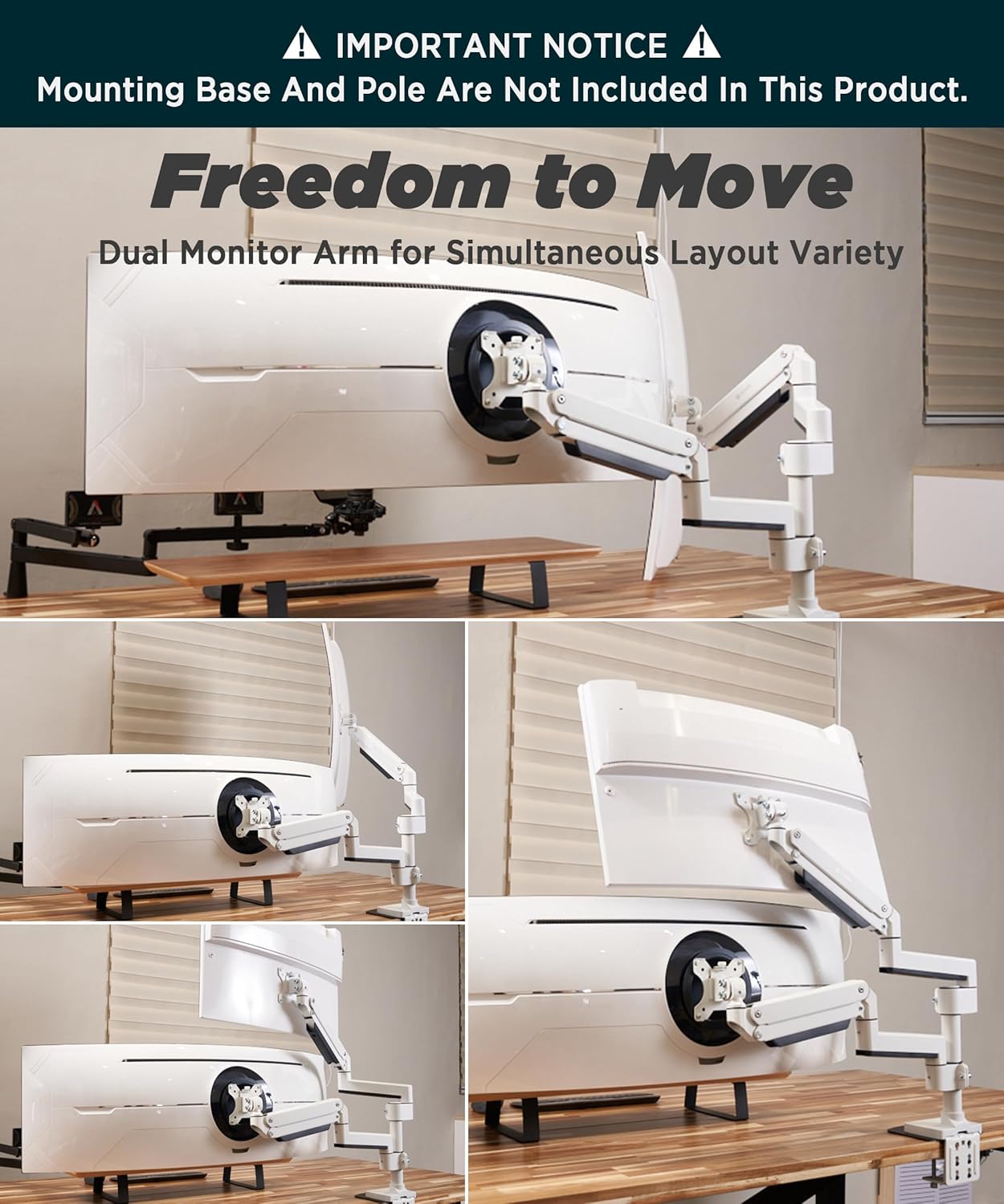 Heavy Duty Extension Arm [Accessory Only - Requires MA20PW-S Single Monitor Arm for Use] Dual 49" Vertical Stacked Monitor Mount Height Adjustable - 100x100 VESA Mount, White, MA20PW-A